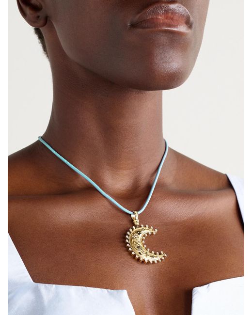 Marlo Laz Natural Large Southwestern Moon 14-Karat, Leather And Diamond Necklace