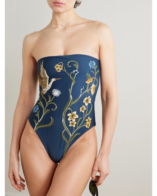Agua Bendita Blue Durazno Laguna Strapless Embellished Embroidered Recycled Swimsuit
