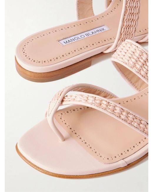 Manolo Blahnik Natural Susara Raffia And Leather Sandals