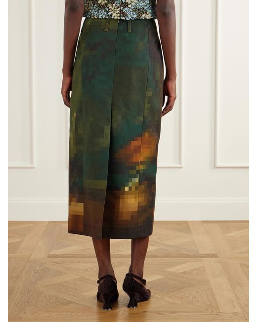 Dries Van Noten Green Printed Cotton-Canvas Midi Skirt