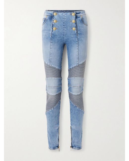 Balmain Blue Embellished Paneled High-Rise Skinny Jeans