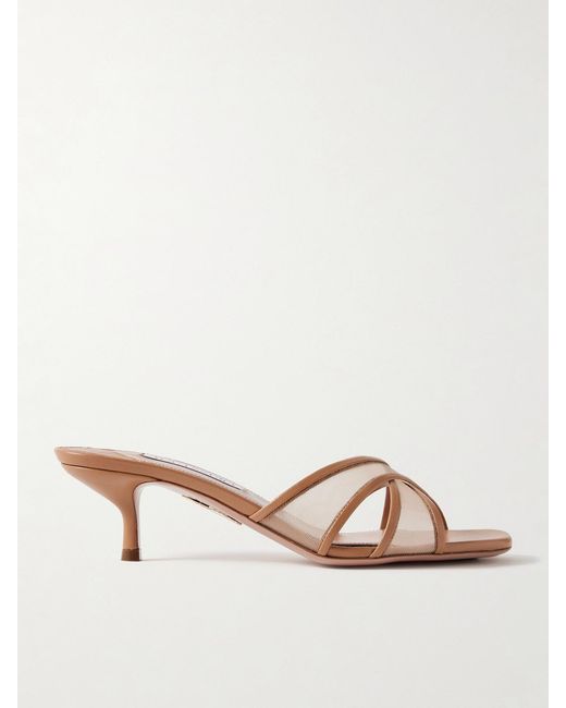 Aquazzura Natural Divine 50 Leather-Trimmed Tulle Mules