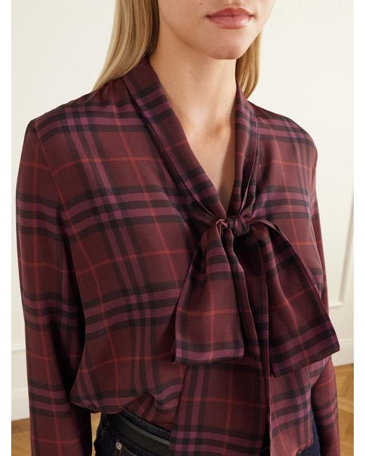 Burberry Purple Rhiannon Pussy-Bow Checked Silk-Crepe Blouse