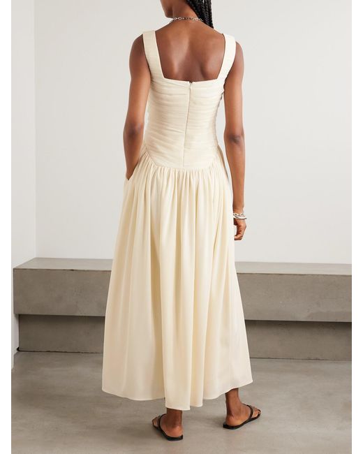 Abadia Natural Kaia Ruched Gathered Chiffon And Twill Midi Dress