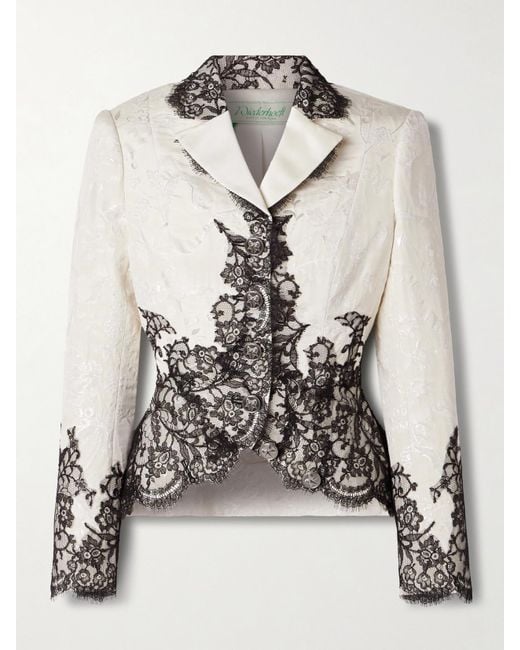Wiederhoeft White Cotton-Blend Chantilly Lace-Trimmed Metallic Jacquard Jacket