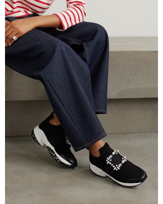 Roger Vivier Black Viv Run Crystal-Embellished Stretch, Mesh And Leather Sneakers