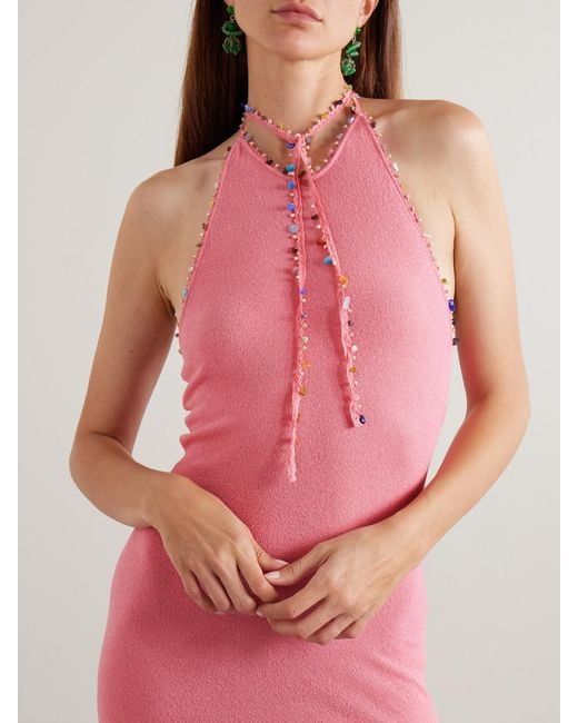 Christopher Esber Pink Embellished Cotton-Blend Bouclé Halterneck Maxi Dress