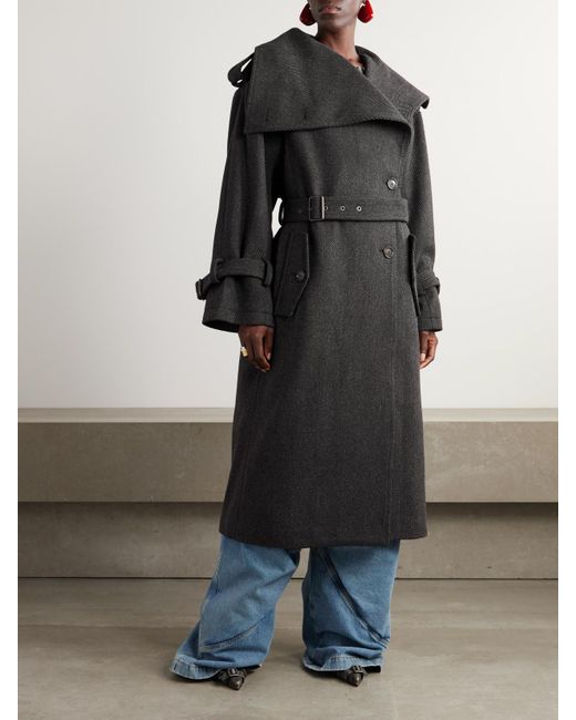 Acne Black Oversized Belted Herringbone Wool-Blend Coat