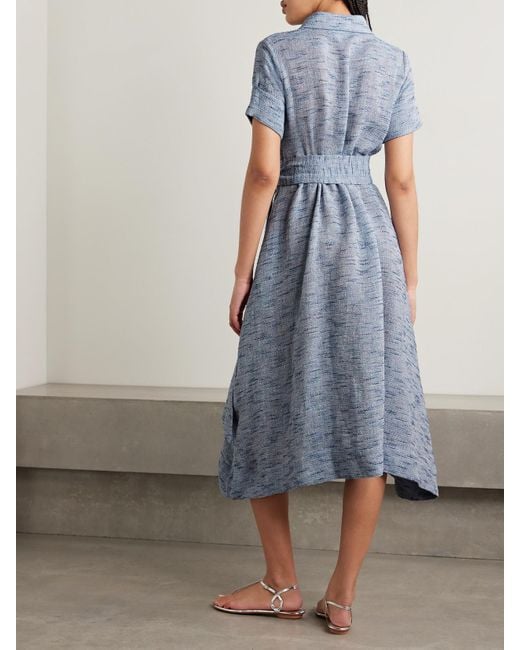 Lisa Marie Fernandez Blue Belted Linen-Blend Tweed Midi Shirt Dress