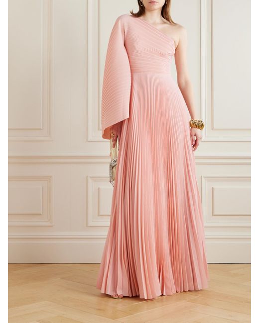 Solace London Pink Maci One-Shoulder Pleated Chiffon Gown