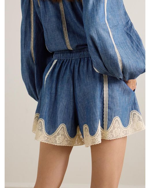 Zimmermann Blue Awaken Lace-Trimmed Denim Shorts