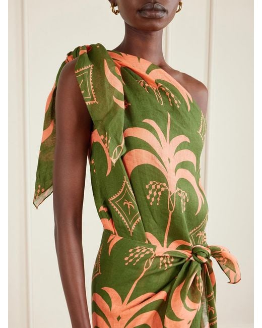 Johanna Ortiz Green Seaweed One-Shoulder Printed Linen Maxi Dress