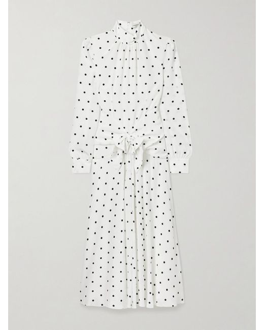 Alessandra Rich White Midikleid Aus Seiden-Georgette Mit Polka-Dots, Schleife Und Raffungen