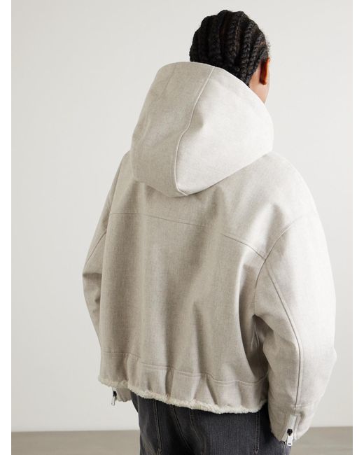 Brunello Cucinelli Natural Bead-Embellished Hooded Shearling-Trimmed Wool Coat