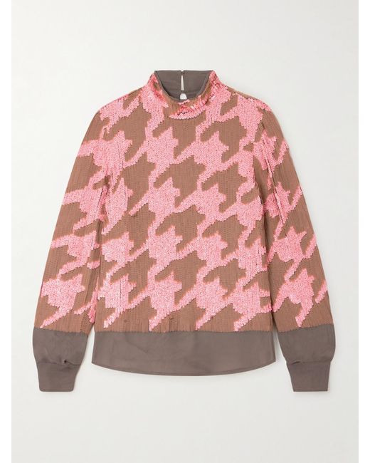 Dries Van Noten Pink Bluse Auf Chiffon Mit Hahnentrittmuster Und Pailletten