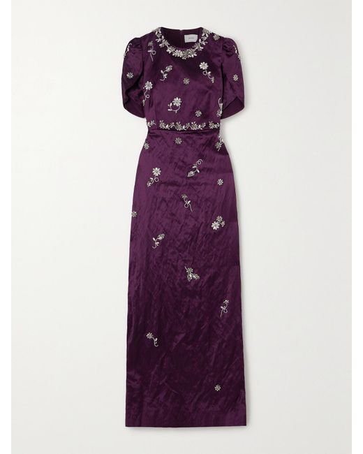 Erdem Purple Crystal-embellished Crinkled-satin Gown