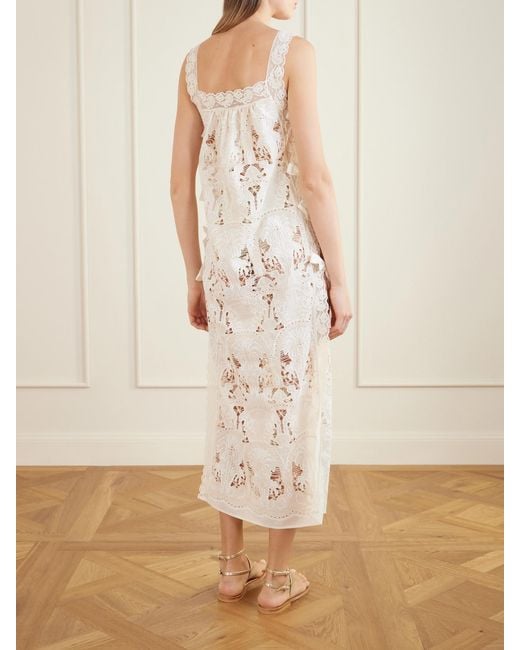 Loretta Caponi White Fiocchini Lace-Trimmed Broderie Anglaise Cotton-Blend Maxi Dress