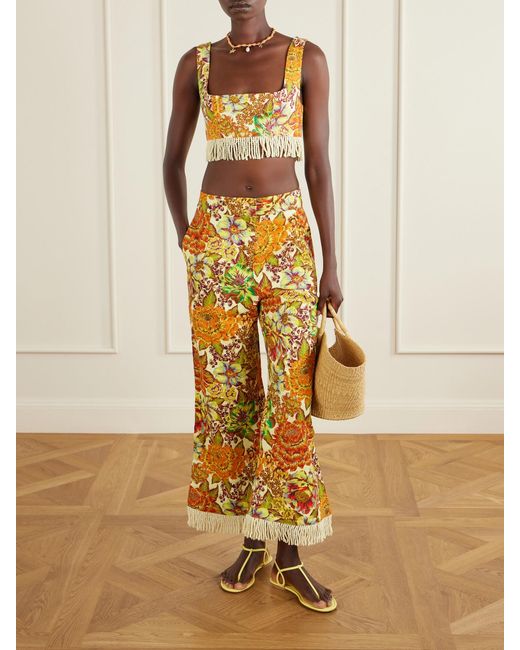 ALÉMAIS Yellow Lana Fringed Floral-Print Linen Flared Pants