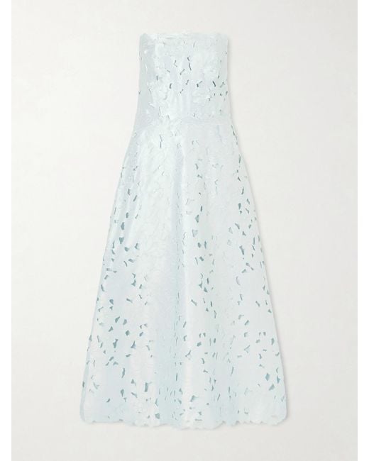 Costarellos Blue Vella Strapless Guipure Lace Midi Dress