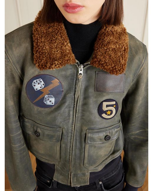 RRL Green Harper Plush-Trimmed Appliquéd Leather Bomber Jacket