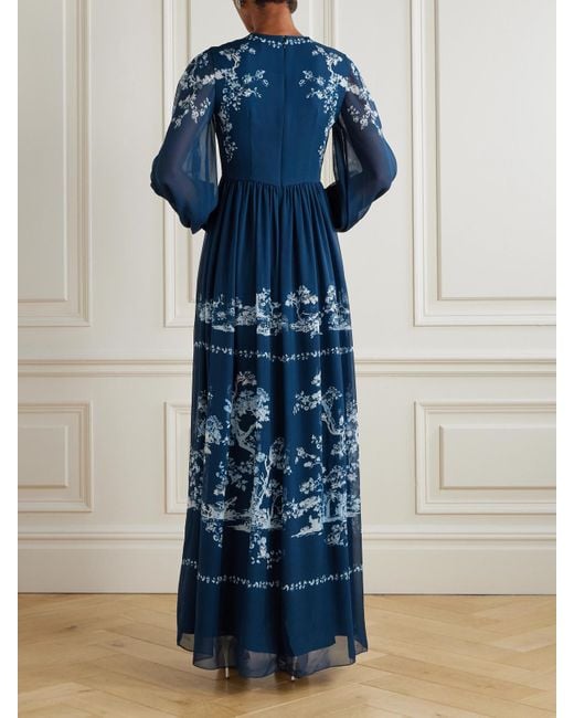 Erdem Blue Printed Silk-Voile Gown