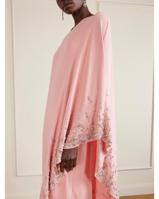 Oscar de la Renta Pink One-Shoulder Crystal-Embellished Silk-Blend Crepe Gown