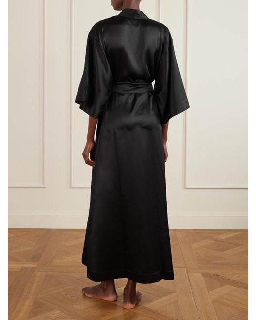 Carine Gilson Black Belted Floral-Embroidered Silk-Satin Kimono