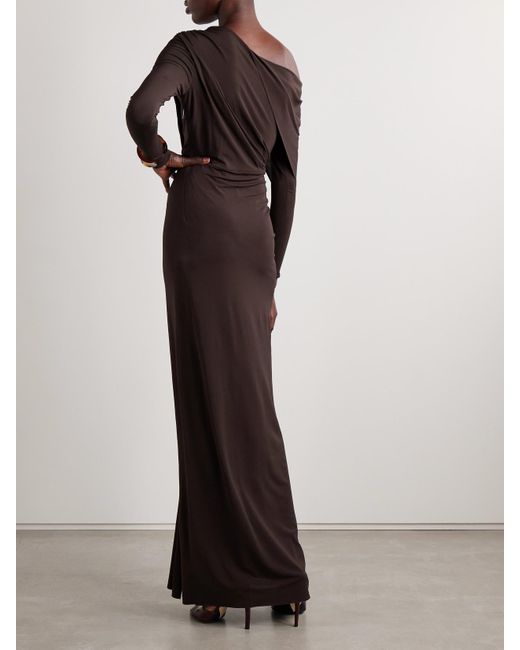 Jason Wu Brown Off-The-Shoulder Draped Stretch-Jersey Gown