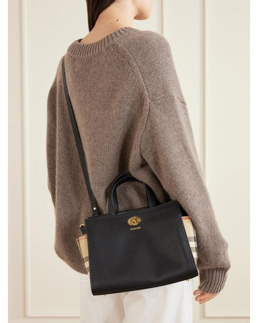 Burberry Black Cotswolds Mini Checked Canvas-Trimmed Leather Tote