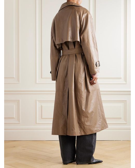 Brunello Cucinelli Natural Bead-Embellished Belted Double-Breasted Leather Trench Coat