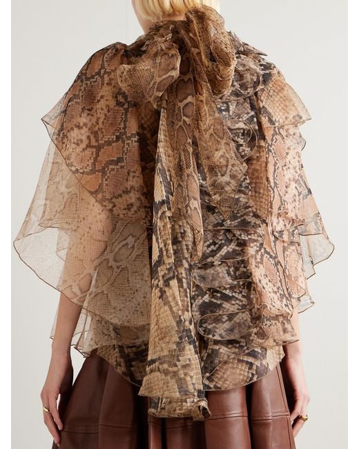 Zimmermann Natural Ruffled Layered Snake-Print Silk-Chiffon Blouse