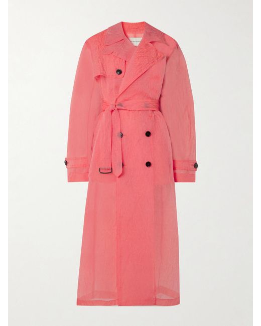 Dries Van Noten Pink Belted Double-Breasted Crinkled-Organza Trench Coat