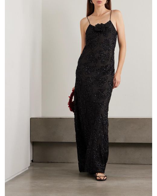 Rodarte Black Appliquéd Sequin-Embellished Silk-Trimmed Voile Gown