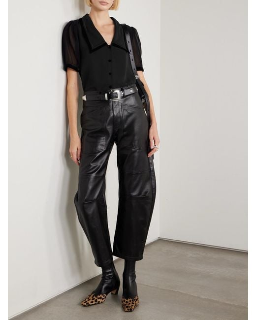 FRAME Black The Sailor Velvet-Trimmed Silk-Chiffon Blouse
