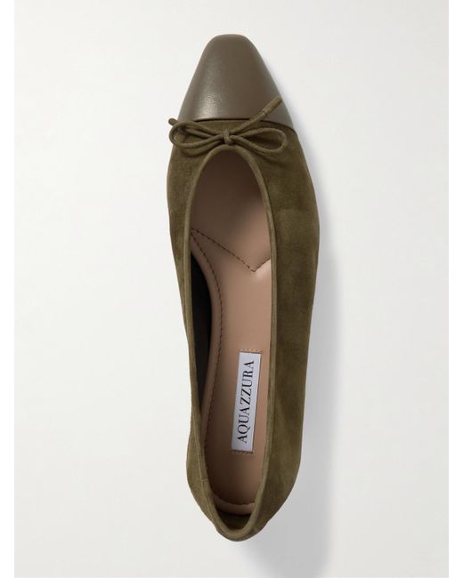 Aquazzura Green Gioia Zweifarbige Ballerinas Aus Veloursleder Mit Lederbesatz Und Schleife