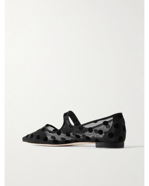 Manolo Blahnik Black Campari Grosgrain-Trimmed Flocked Mesh Ballet Flats