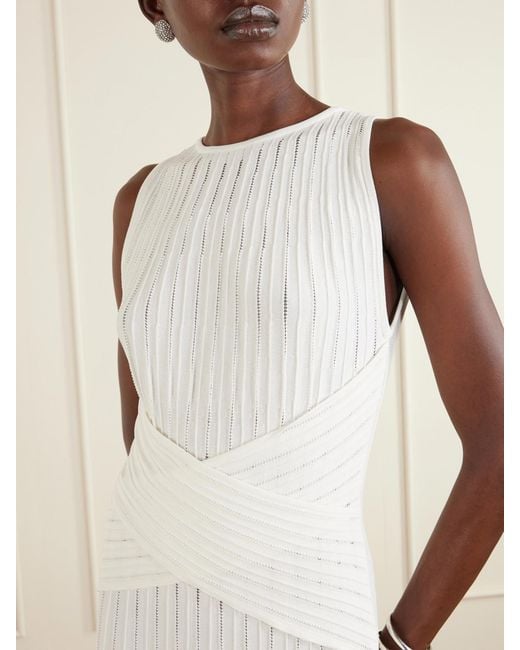 Balmain White Fringed Pointelle-Knit Midi Dress