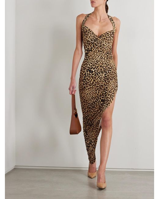 Norma Kamali Natural Cayla Ruched Leopard-Print Stretch-Jersey Halterneck Gown
