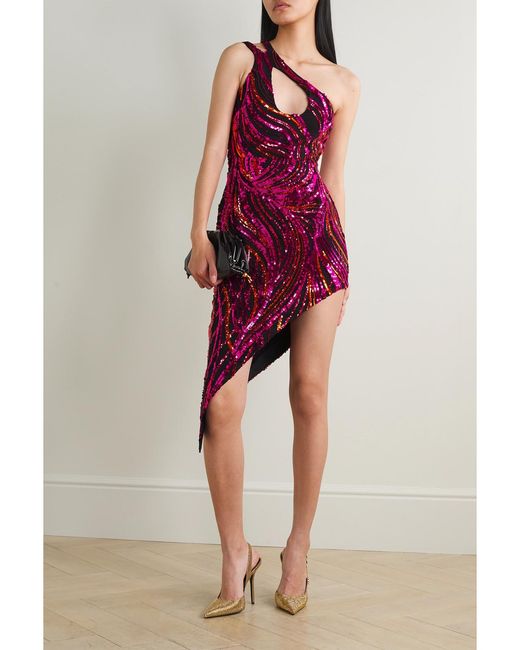 Halpern Red One-Shoulder Cutout Sequined Tulle Mini Dress
