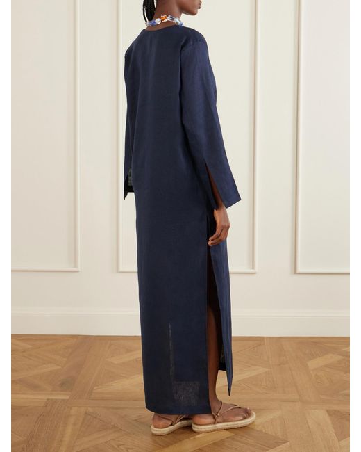 SARA CRISTINA Blue Pearl-Embellished Linen Kaftan