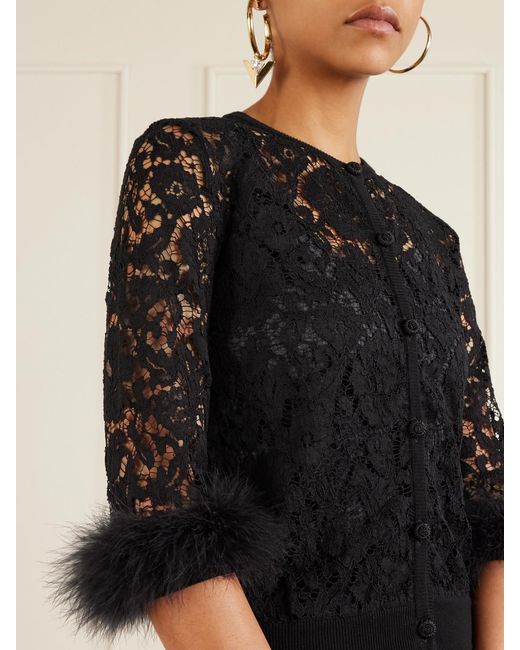Valentino Garavani Black Feather-Trimmed Cotton Corded Lace Cardigan