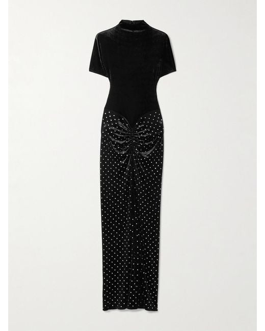 Alaïa Black Crystal-Embellished Ruched Velvet Midi Dress