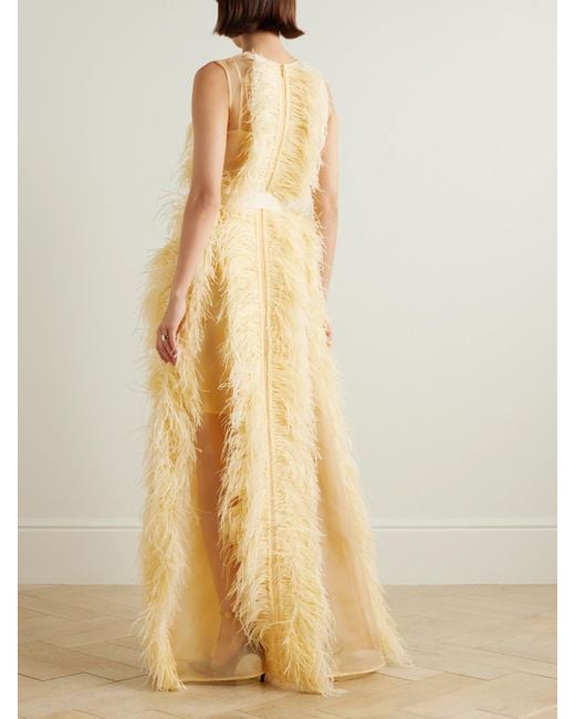 Huishan Zhang Yellow Beau Feather And Grosgrain-Trimmed Silk-Organza Gown