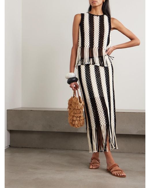 Zimmermann Black Wanderlust Fringed Striped Macramé Cotton Maxi Skirt