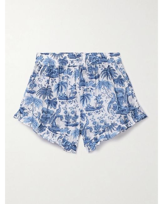Staud Blue Boyana Ruffled Gathered Cotton-Voile Shorts
