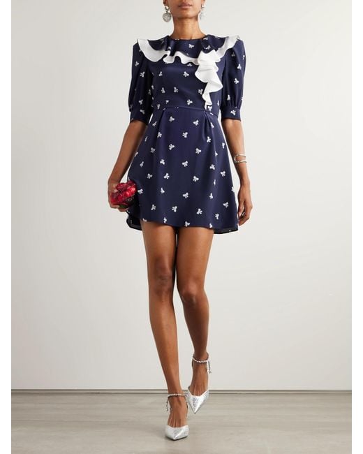 Alessandra Rich Blue Ruffled Pleated Printed Silk Mini Dress