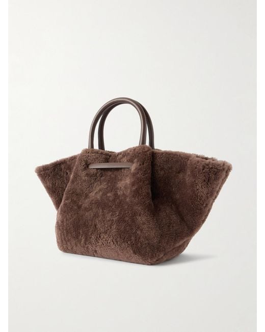 DeMellier London Brown New York Midi Leather-Trimmed Shearling Tote