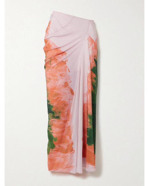 Dries Van Noten Pink Draped Printed Silk-Georgette Maxi Skirt