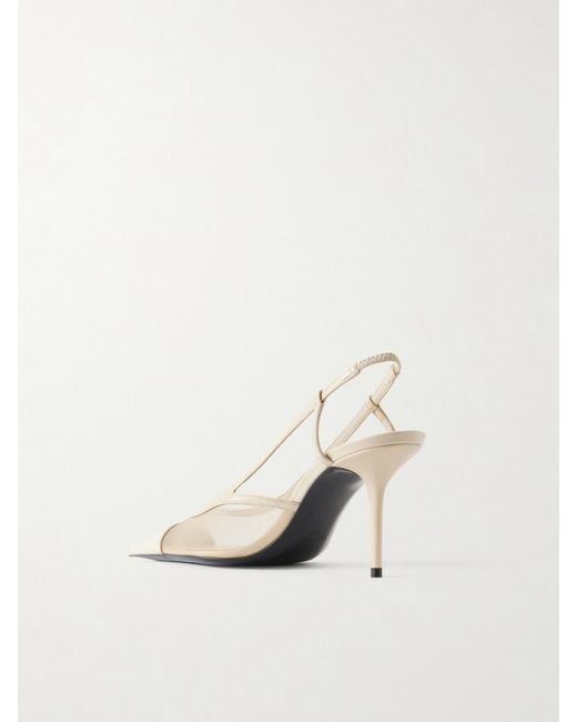 Saint Laurent White Renée Cassandre-Embroidered Patent Leather-Trimmed Mesh Slingback Pumps