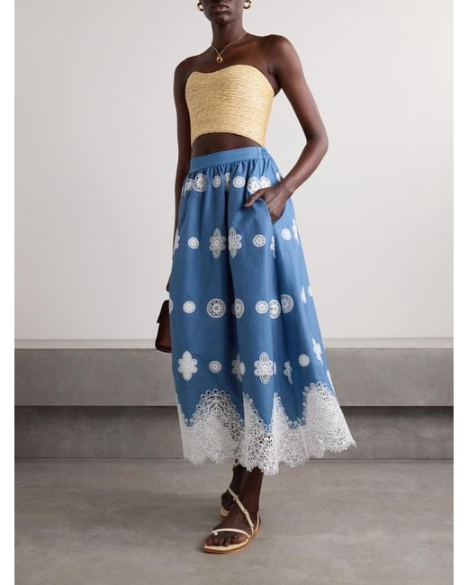 Borgo De Nor Blue Rhea Crocheted Lace-Trimmed Chambray Midi Skirt